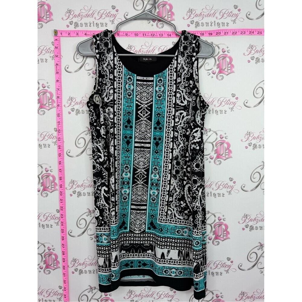 Style & Co. Mini dress or top Black, Teal & White Sleeveless Printed Shift Dress